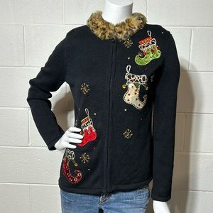Vintage TIARA 3D Christmas Sweater Cardigan Sequins Beads Bling sz M Excellent